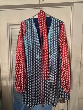 QUEEN OF SPARKLES Red & Blue Star-Sequin with belt Midi Dress